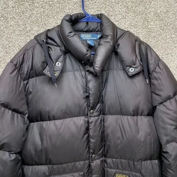 Ralph Lauren Polo Down Puffer Winter Jacket Mens XL Black Full Zip Snap Hood - Picture 3 of 11